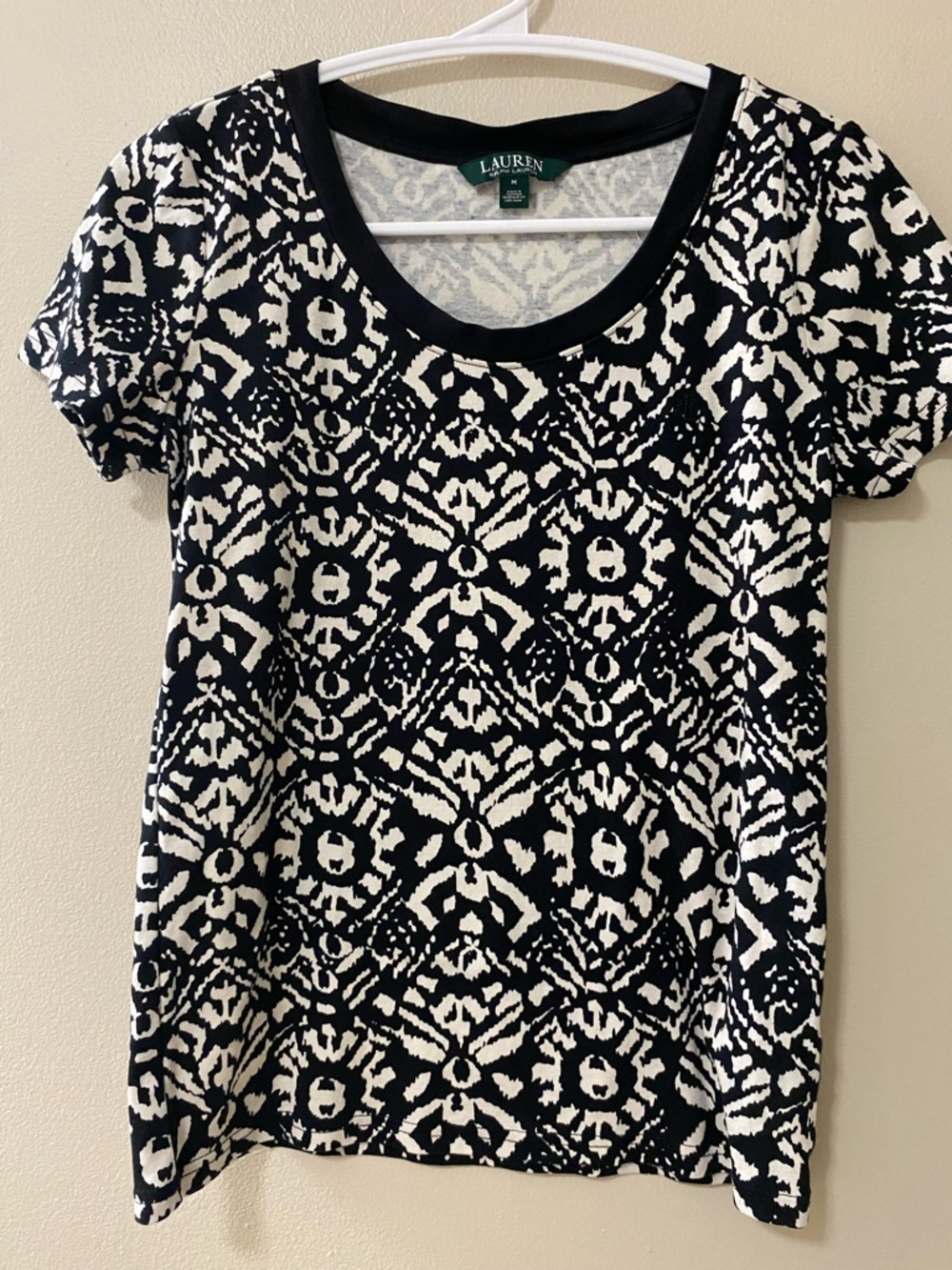 Lauren Ralph Lauren womens medium ikat blouse shirt short sleeve black white
